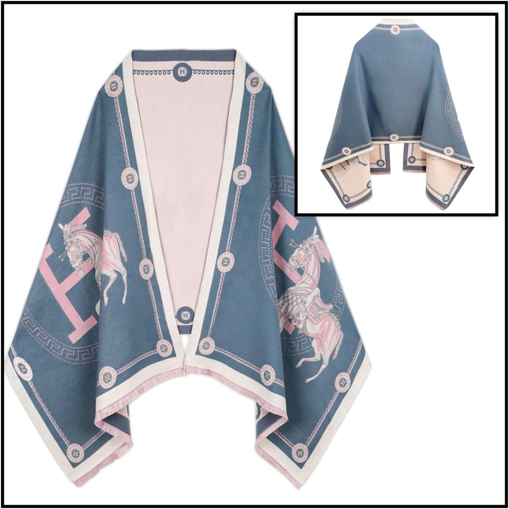 Anthro H Horse Poncho Hermes Style Scarf  Blue & Pink
